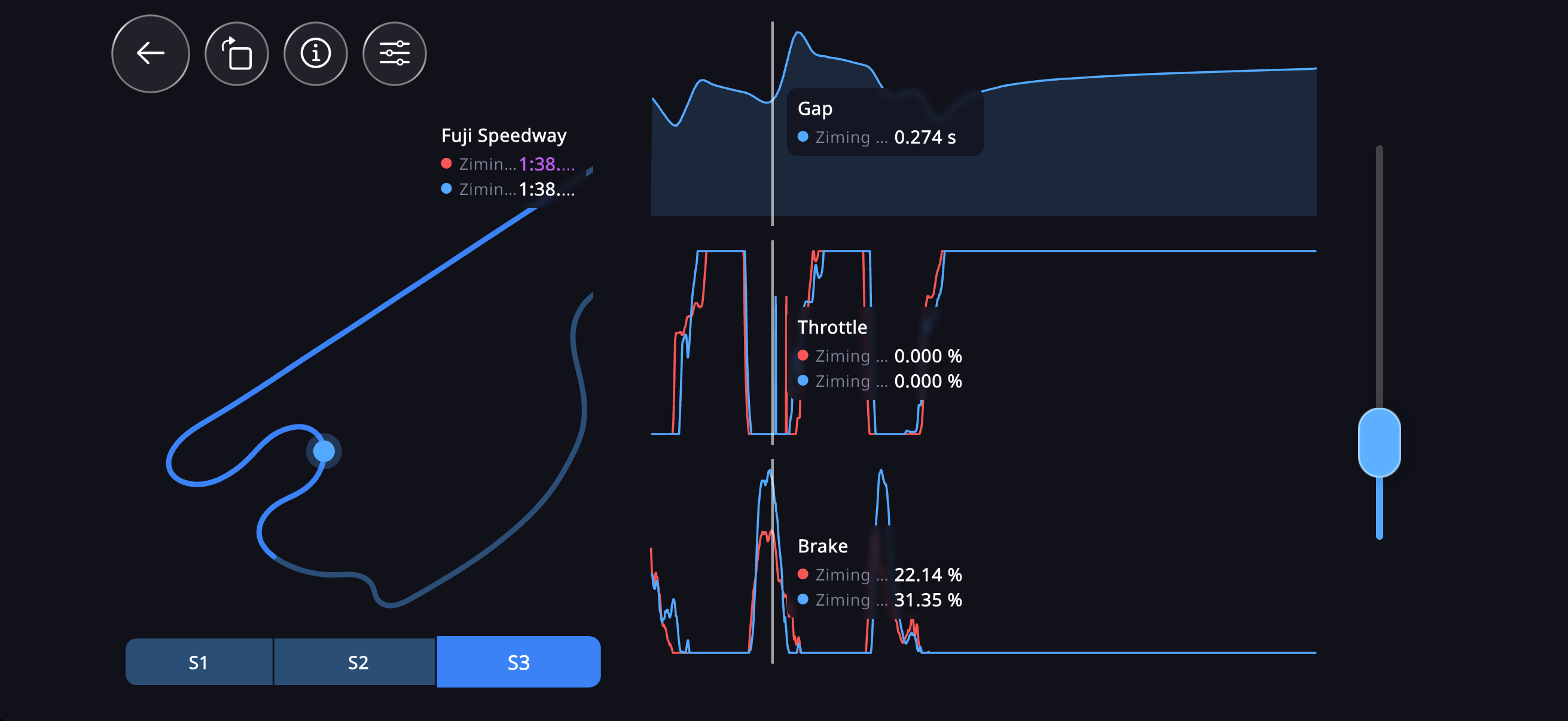 WeRacing 手机端的单圈分析界面,横屏。