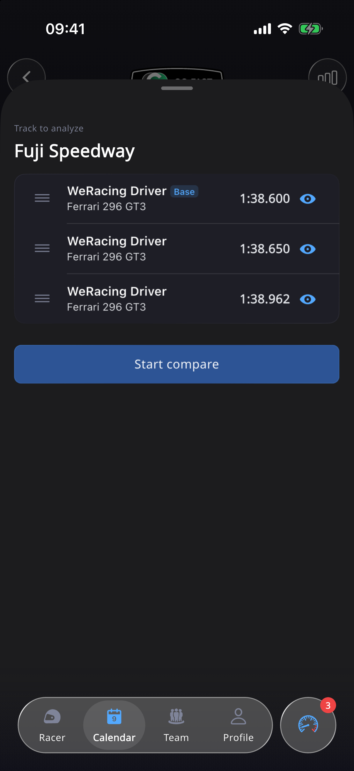 WeRacing 手机端的遥测准备界面。